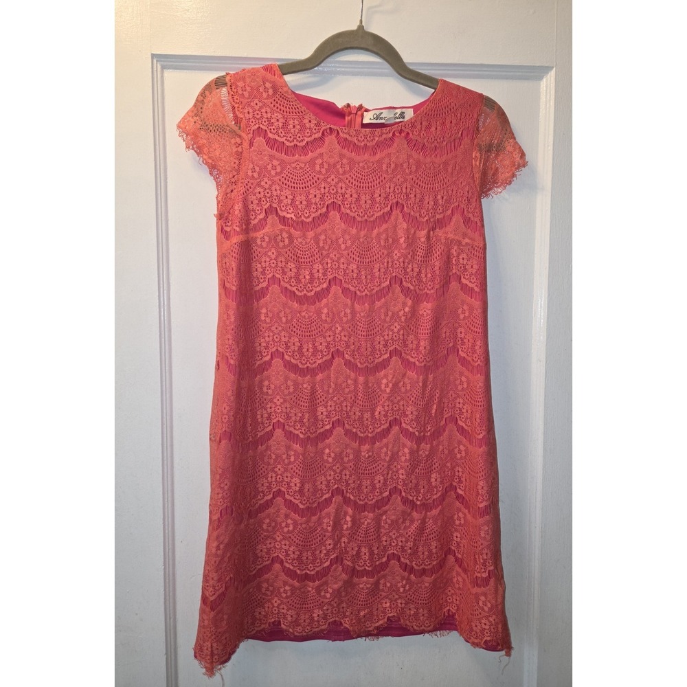 Annabella Sheath Dress Women's  Hot Pink Cap Sleeve Above Knee Lace Trim. Small